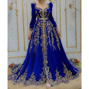 NUEVO ORO ZARI BORDADO EN ROYAL BLUE CAFTAN VESTIDO CON PEQUEÑO Sendero CON Adornado CON CUENTAS DE VIDRIO, PIEDRA, DABKA WORK @ 2024 - Product Image 1