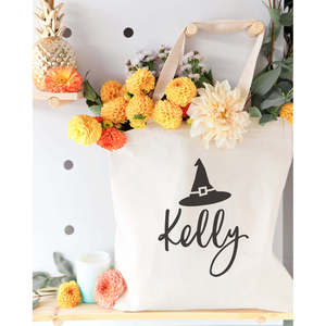 Personalized Name Open Closure Solid Color Witch Cotton Canvas Tote Bag - Product Image 4