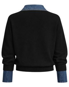 Customized Women <b>Black</b> Knit Sweater <b>With</b> Denim Collar Button Neck <b>Long</b> Sleeve Pullover Casual Winter Top Soft Acrylic Blend - Product Image 5