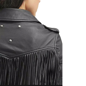 Chaqueta de Cuero Vacuno para Mujer, Estilo Vaquero Occidental, con Flecos y Cuentas, Relleno de Algodón, Teñida y Tejida - Product Image 6
