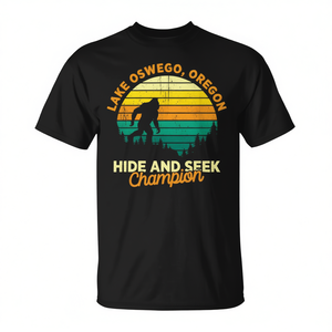 Camiseta de campeón de Bigfoot Hide And Seek de Lake Oswego, Oregón, diseño retro, unisex, cuello redondo, manga corta, promocional para adultos - Product Image 2