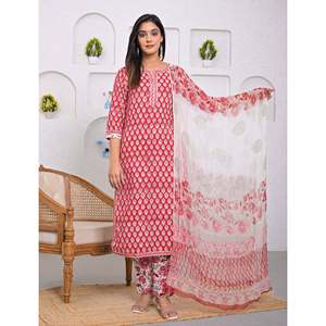 ชุดกางเกงคุรตะผ้าฝ้ายพิมพ์ลายสีแดง แขนสามส่วน สำหรับใส่ในชีวิตประจำวัน - Product Image 1