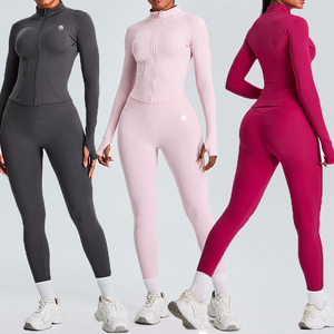 Venta al por mayor de Color sólido de manga larga para mujer ropa de entrenamiento de 2 piezas gimnasio Fitness conjuntos Fitness Yoga desgaste traje para las mujeres - Product Image 1