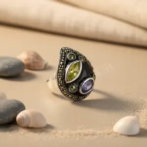 Women's 925 Silver Marcasite Gemstone <b>Statement</b> <b>Ring</b> Fashion Jewelry - Product Image 1