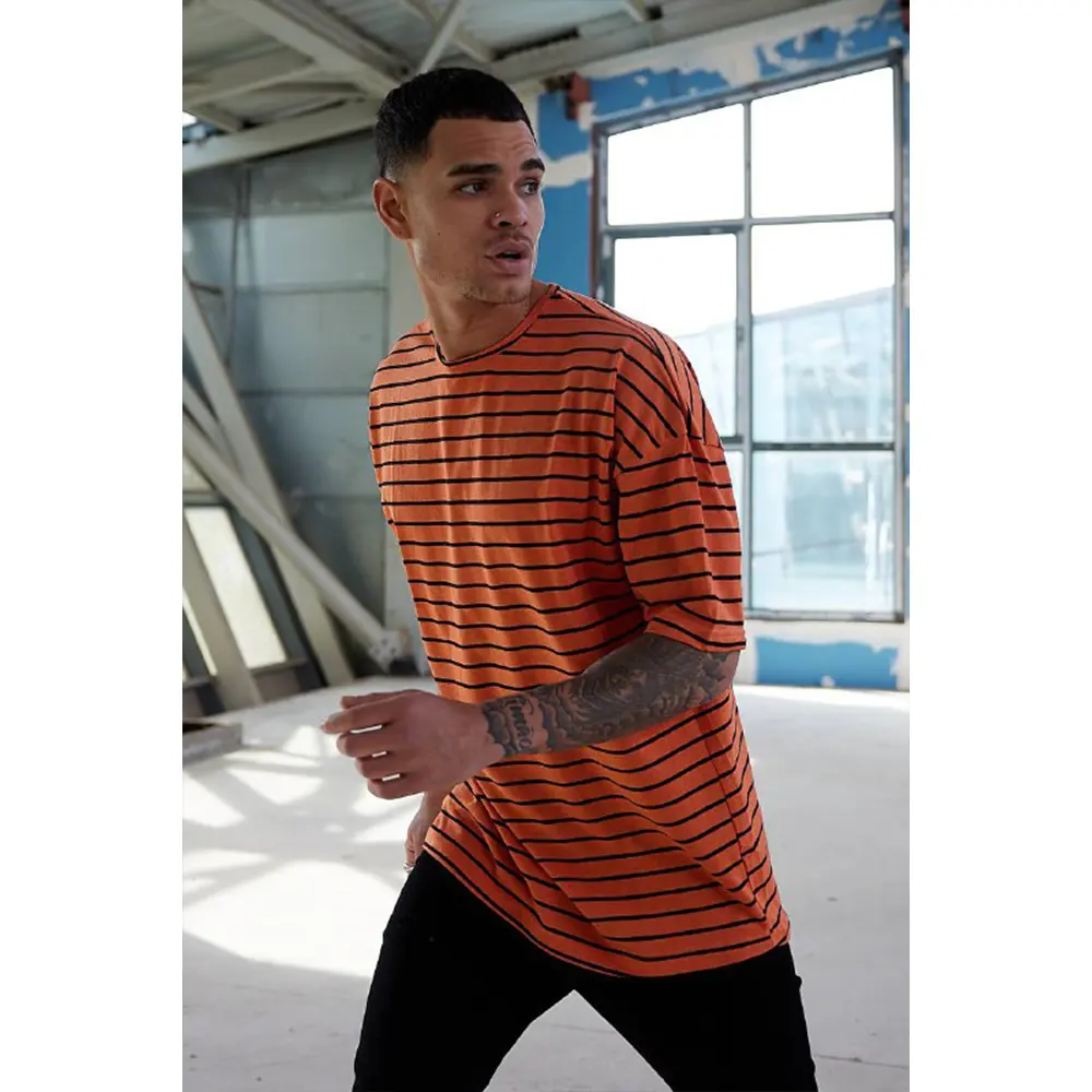 Oversize Striped Casual Tshirt For Men Premium Quality Wholesale Made in Turkey S-M-L-XL-2XL Orange Color