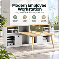 Bureau de travail moderne pour employés avec armoire de rangement intégrée, écran de séparation en tissu et pieds en bois pour espace de bureau