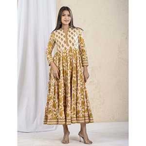 Vestido Largo de Algodón Estampado Color Crema Mostaza, Casual y Elegante, Transpirable, Talla Única y Largo hasta el Suelo, Moderno para Damas - Product Image 3