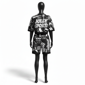 Ensemble court pour femme en coton et polyester de qualité supérieure, tissu French Terry noir, logo sublimé sur toute la surface, haut court et short 100% coton - Product Image 2