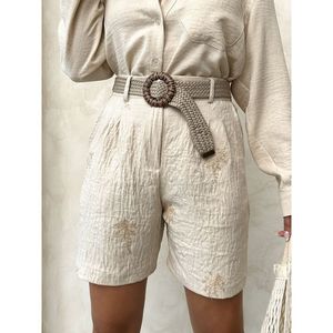 Women's Linen <b>Shorts</b> with <b>Belt</b> Detail and Embroidered Design - Product Image 6