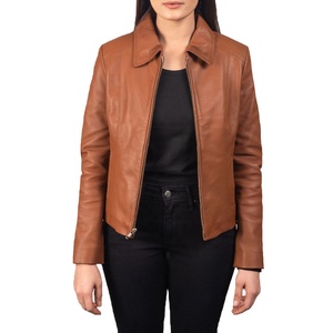 Women Tan Sheep Skin Breathable Genuine Jacket Solid Classic Collar Slim Fit Zip Front Waterproof Autumn Winter Premium Quality - Product Image 3
