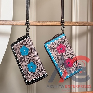 Cartera de mano de cuero auténtico tallada a mano, Cartera de gran oferta multiusos con flores de Color rojo para mujer - Product Image 3