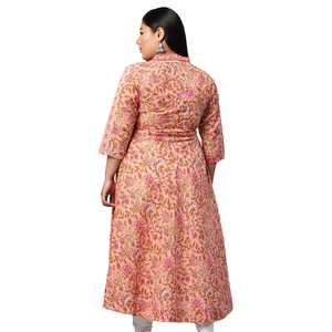 Ensemble Anarkali Kurta pour femmes en coton rose à imprimé floral, 48 pouces - Product Image 2
