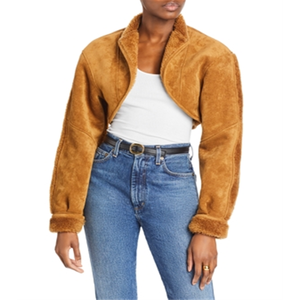 Lvir Ladies XS Size Beige Faux <b>Suede</b> Cropped <b>Jacket</b> Blazer Style <b>Bomber</b> Stand Collar Solid Polyester Dyed for Spring/ Autumn - Product Image 1