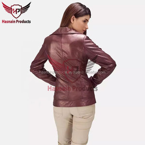 Womens Real Maroon <b>Leather</b> Biker <b>Jacket</b> Asymmetric Zip Lapel Collar Sheepskin Coat Zipper Pockets Slim Fit Custom Outwear Look - Product Image 5