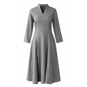 Vestido Midi de Algodón y Spandex Tejido a Mano con Cuello Mandarín, Estampado, Ajuste Cómodo, Silueta en A, Estilo Profesional - Product Image 3