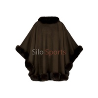 Cape longue en cachemire et laine noire pour femme, finition OEM, douce, avec bordure en fourrure de renard, épaisse, faible MOQ, mode hiver chauffante