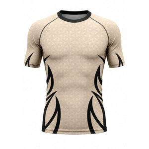 Men's Short Sleeve Rash Guard <b>Compression</b> <b>Shirt</b> Beige <b>Black</b> Tribal Print Quick Dry Polyester Workout Top - Product Image 2