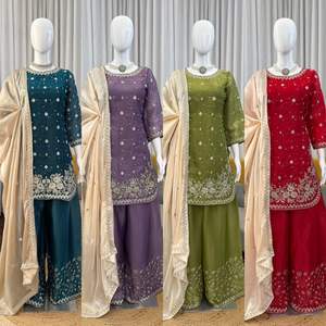 Ensemble Kurti Palazzo en soie lourde élégante et très demandé avec des travaux de séquence et de perles pour femmes, vêtements ethniques et de soirée - Product Image 5