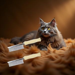 2 peines de acero inoxidable con dientes de púas para el cuidado de mascotas, cepillo para pelo de gatos y perros de pelo largo con mango de madera, diseño simple y seguro - Product Image 2