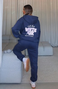 Conjunto de Sudadera con Capucha Larga Bordada de 2 Piezas para Mujer, Diseño Sólido con Estampado de Amor Siempre, Color Azul Marino - Product Image 5