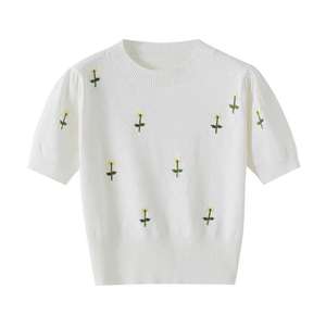 เสื้อสวมหัวคอกลมแขนสั้นประดับด้วยลูกปัดแนววินเทจของผู้หญิงเสื้อระบายอากาศ100% ผ้าโพลีเอสเตอร์อเนกประสงค์ฤดูใบไม้ร่วงใหม่ - Product Image 3