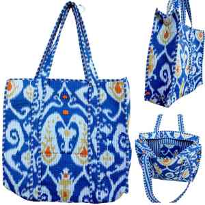 Cobalt Blue Ikat <b>Quilted</b> Tote <b>Bag</b> - Handcrafted Sustainable Bohemian Accessory - Product Image 1