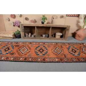 Tapis Kilim Vintage Orange Bleu Patchwork Design 3.1x11.1ft Fait Main Traditionnel Laine Jute Rectangle Abstrait Salle À Manger Latex - Product Image 4