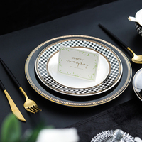 Service de vaisselle vintage de luxe léger en porcelaine fine à rayures, bord doré, compatible micro-ondes, comprenant bols et assiettes, pour steak et pâtes à l'occidentale