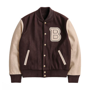 Chaqueta Universitaria para Hombre, Mangas de Lana y Cuero, Color Marrón y Beige, con Parche de Chenilla y Botones a Presión - Product Image 1