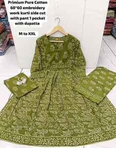 Conjunto de Trajes Casuales Anarkali Estilo Indio para Mujer - Algodón Puro que Absorbe la Humedad, Largo hasta la Rodilla, Corte Regular para Oficina y Festivales - Product Image 3