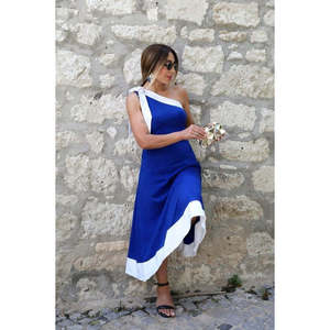 Robe asymétrique pour femme avec détail ruban, robe en crêpe importée bicolore, 34440 - Bleu Saks - Product Image 1