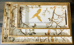 Bandeja de madera MDF esmaltada Art Deco con asas de madera de bambú para servir frutas CoffeeTea Desayuno Alimentos en bodas y fiestas por FWE - Product Image 2