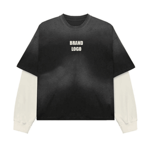 Camiseta Vintage de manga larga de doble capa para hombre, personalizada, de alta calidad, 100% algodón, de gran tamaño, lavado ácido, diseño cuadrado a rayas - Product Image 1