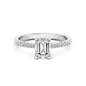 Anillo de compromiso con diamantes cultivados en laboratorio, corte esmeralda, sobre banda pavé, F-VS2, para regalo de aniversario nupcial, oro macizo de 14K con engaste pavé. - Product Image 3