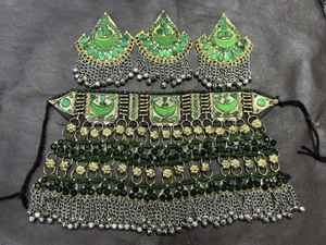 BOHO AFGHANI ETHNIC <b>STUD</b> <b>EARRINGS</b> & NECKLACE SET for WOMEN in STAINLESS STEEL with GOLD PLATING - Product Image 5