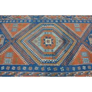 Kazak azul naranja Vintage alfombra turca 5,7X9,5 pies tejido plano lana con respaldo de látex para decoración para sala de estar patrón de retazos - Product Image 5