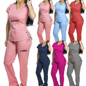 Logotipo personalizado más nuevo elástico Jogger V cuello Scrubs uniformes de moda médico grises nuevo 2023 negro Xs Hospital Scrub mujeres azul marino Scrubs - Product Image 1