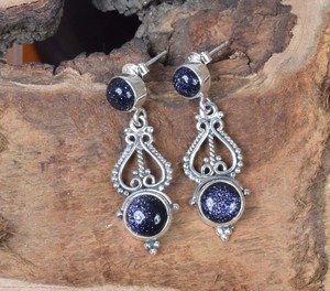 Boucles d'oreilles clous en argent sterling 925 avec pierre de soleil bleue, bijoux en pierres précieuses faits à la main, cadeau pour femme, boucles d'oreilles à 2 pierres - Product Image 6