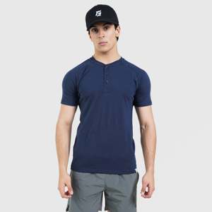 M024 Performance Fitness T-Shirt Navy <b>Slim</b> <b>Fit</b> Gym Workout Shirt with Short Sleeves Solid & Logo Pattern Knitted Fabric - Product Image 1