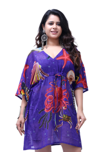 ชุดคลุมชายหาด Kaftan สั้นพิมพ์ลายสัตว์ทะเลของผู้หญิงฟรีไซส์ผ้าจอร์เจียไร้น้ำหนักสีขาว - Product Image 4