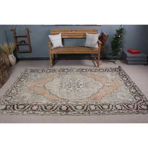 5.1x8.3 ft Rug, Vintage Turkish Rug, <b>Brown</b> Striped <b>Wool</b> Rug - Product Image 2