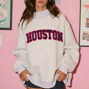 Women's Oversized embroidery Mock Neck sweatshirt Pullover Vintage Drop Shoulder Long Sleeved Cotton <b>crewneck</b> - Product Image 2