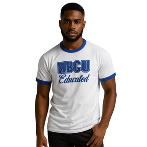 HBCU da uomo istruito in ciniglia a contrasto maglietta bianca con lettere ricamate blu abbigliamento collegiale in cotone morbido - Product Image 1