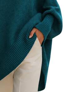Customized Teal Green <b>Womens</b> <b>Oversized</b> Poncho Sweater Ribbed Crew Neck Batwing Sleeve Soft Knit Winter Pullover Fashion Top - Product Image 5