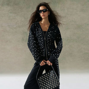 Sweat à capuche oversize confortable avec strass pour femme, en molleton de coton doux, chaud, respirant, streetwear tendance, broderie vintage, veste à patch - Product Image 6