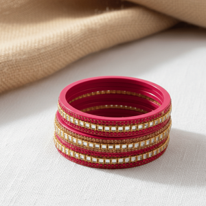 Rose Pink <b>Mirror</b>-Studded Lac Fashion Bangle Set of 8 - Product Image 6
