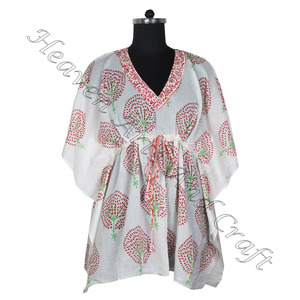 100% algodón Mujer ropa de dormir bloque de mano estampado Kaftan vestido KFCS108 peso ligero mujeres Casual ocasión desgaste corto caftán vestido - Product Image 3