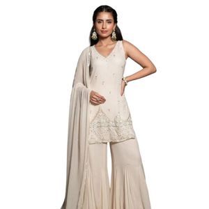 Juego de Kurta Sharara bordado a mano OffWhite con Dupatta para recepción de bodas nupciales, ropa festiva para ocasiones de fiesta - Product Image 1