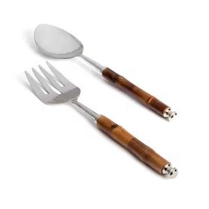 Juego de cuchara y tenedor de servidor de ensalada con mango de madera hecho a mano de acero inoxidable plateado para restaurante en casa - Product Image 2