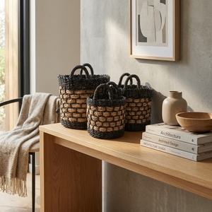 Natural Seagrass Recycled <b>Plastic</b> Storage <b>Basket</b> Set Black Border Block Weave Arch Handle Pot Planter Organizer Setup Pure Art - Product Image 4